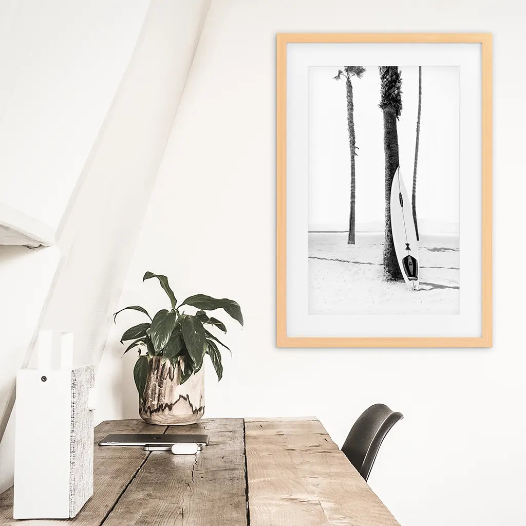 Black and White Boho Summer Poster - Surfboard and Palm Trees
