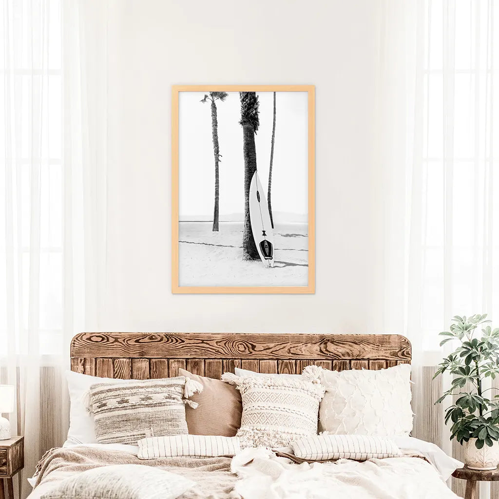 Black and White Boho Summer Poster - Surfboard and Palm Trees