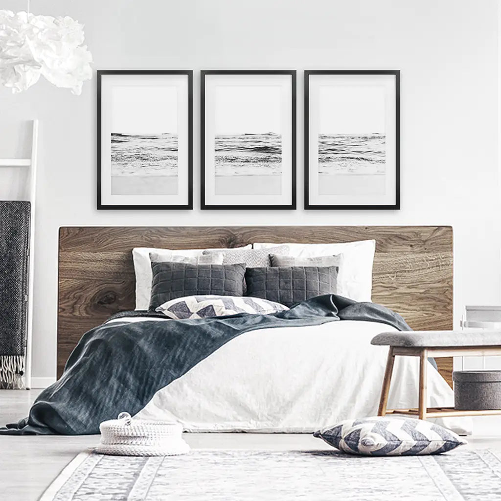 Black White Beach Wave Wall Art, Coastal 3 Piece Set