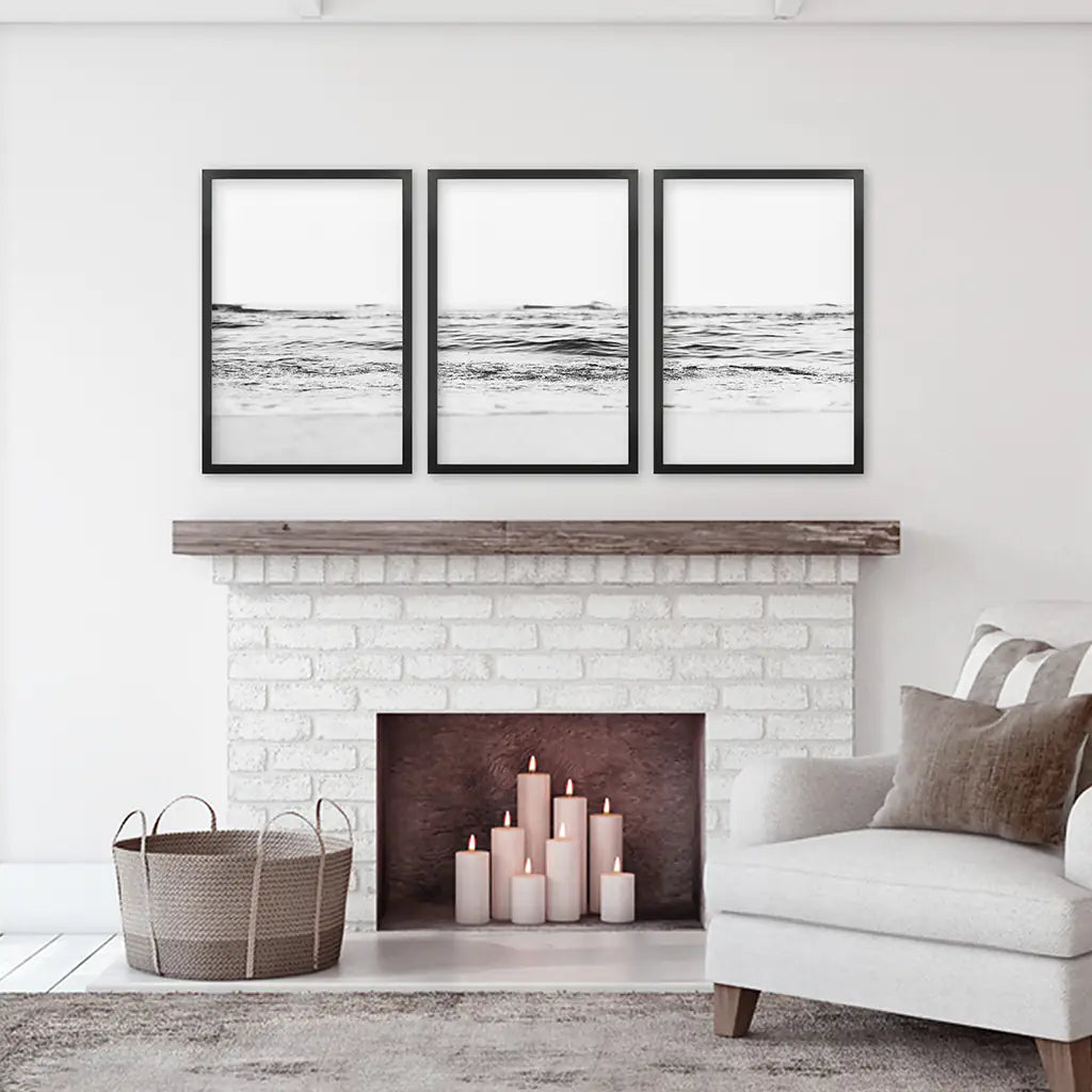 Black White Beach Wave Wall Art, Coastal 3 Piece Set