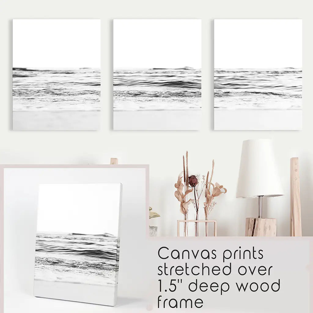Black White Beach Wave Wall Art, Coastal 3 Piece Set