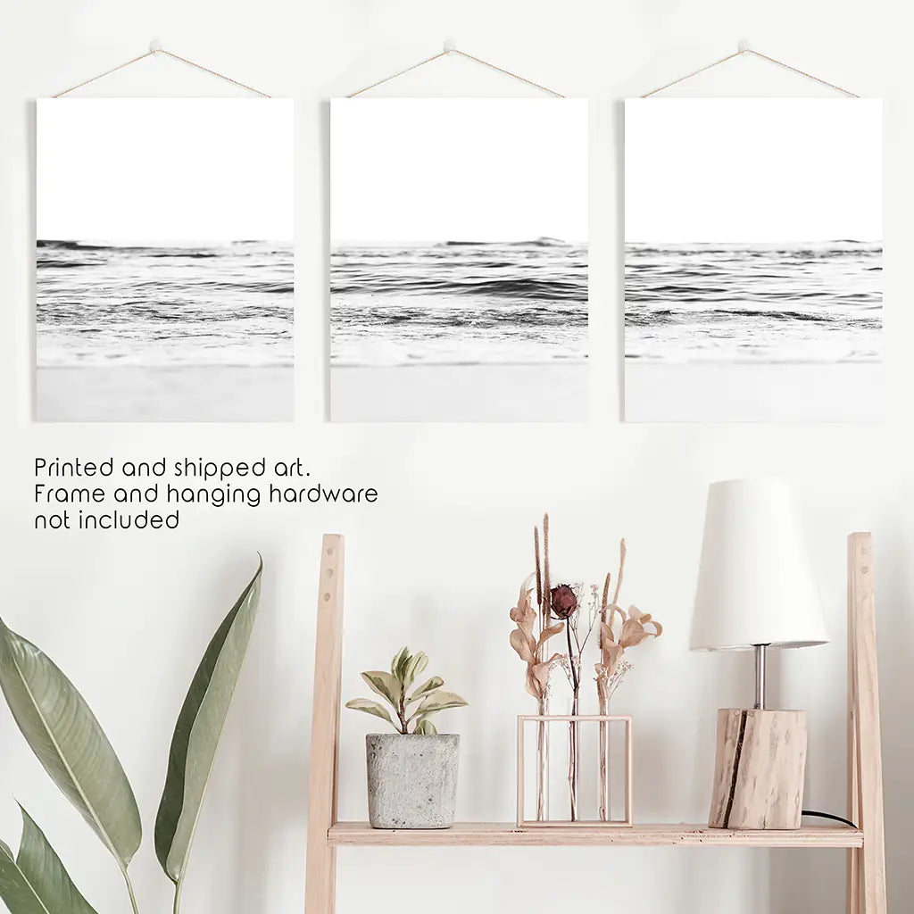 Black White Beach Wave Wall Art, Coastal 3 Piece Set