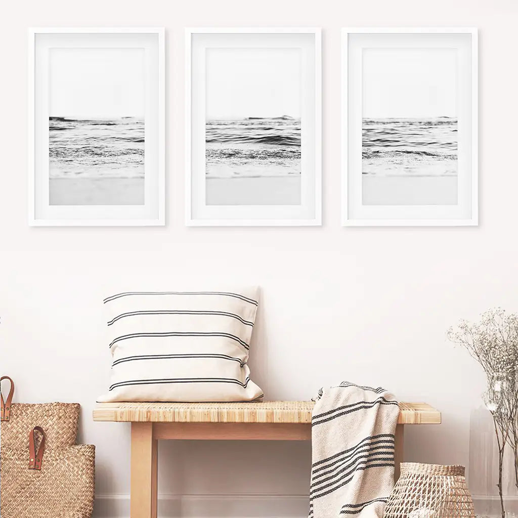 Black White Beach Wave Wall Art, Coastal 3 Piece Set