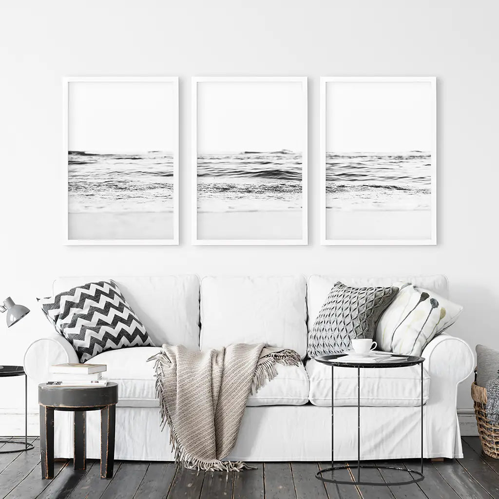 Black White Beach Wave Wall Art, Coastal 3 Piece Set
