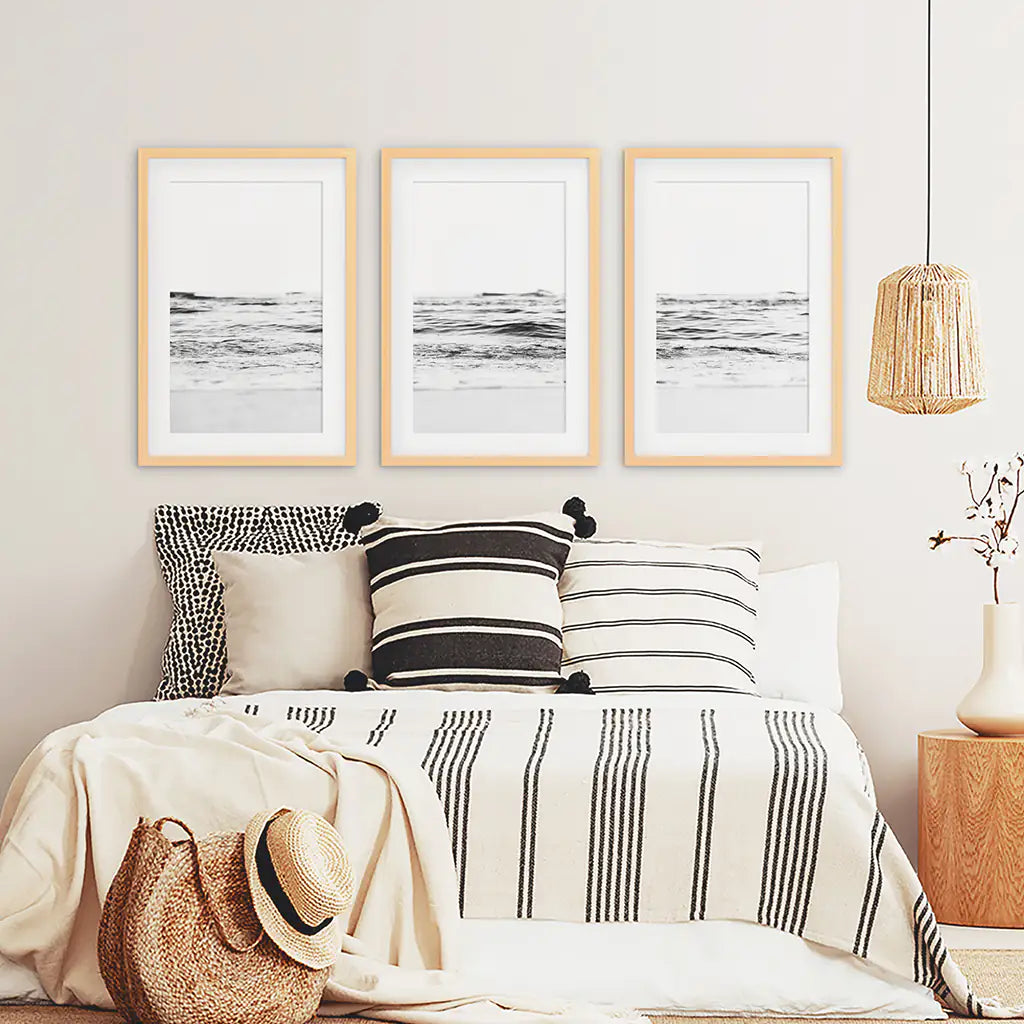 Black White Beach Wave Wall Art, Coastal 3 Piece Set
