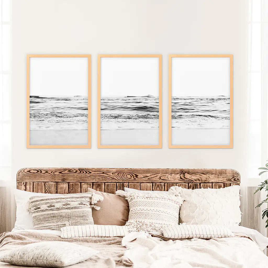 Black White Beach Wave Wall Art, Coastal 3 Piece Set
