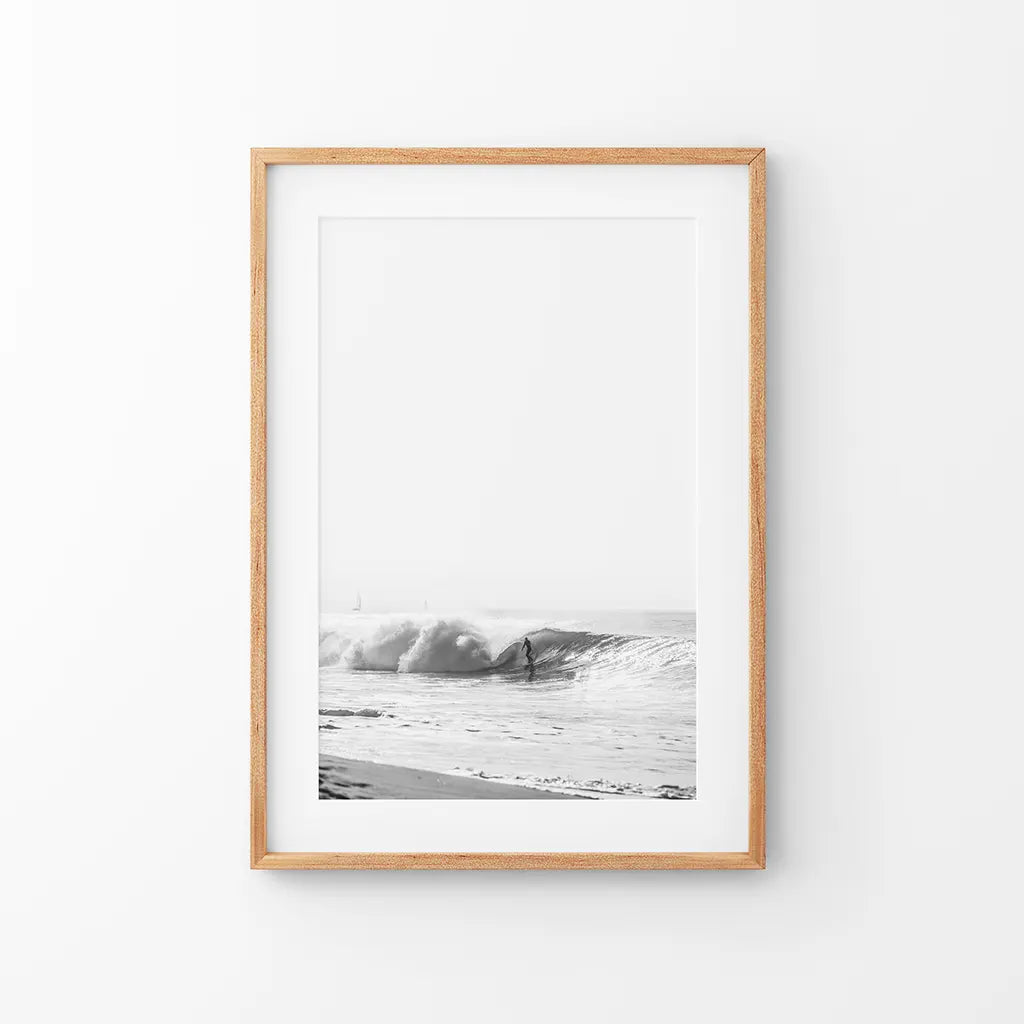 Black and white boho surfer on the waves tropical coastal wall art print