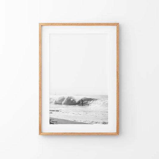 Black and white boho surfer on the waves tropical coastal wall art print