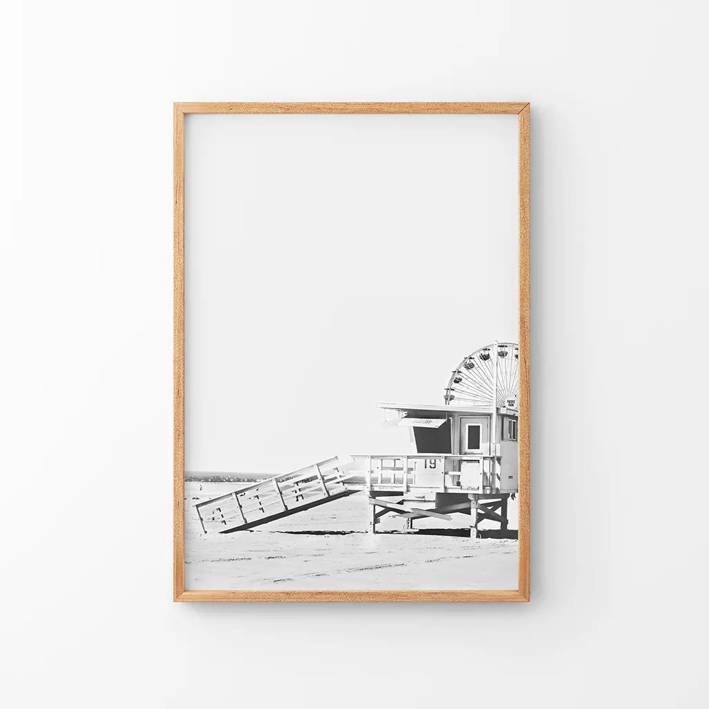 Black and white California beach Ferris wheel and lifeguard tower, coastal wall art print
