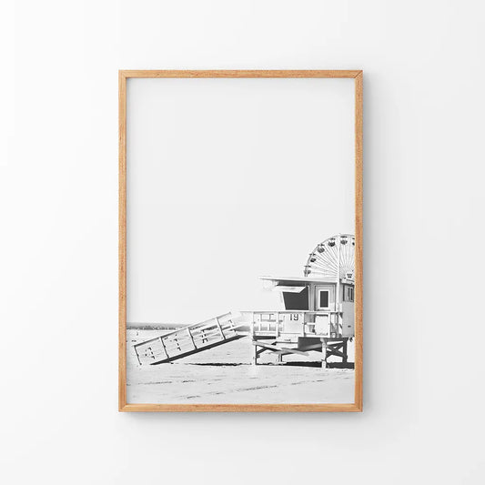 Black and white California beach Ferris wheel and lifeguard tower, coastal wall art print