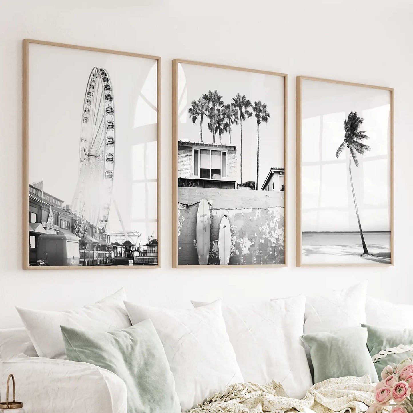 Set of 3 black and white coastal prints with a Ferris wheel, surfboards, and palm