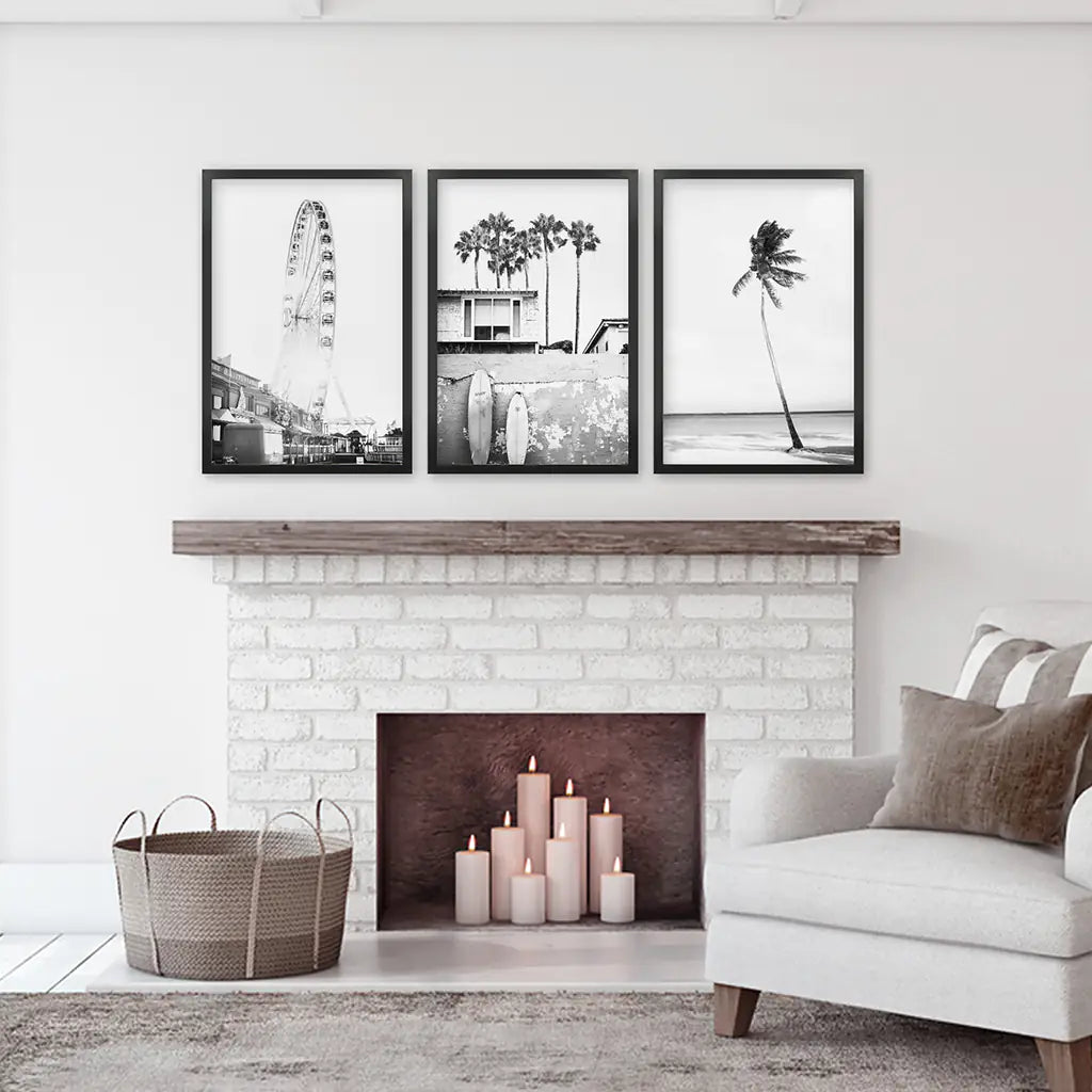 Black White Coastal Wall Art Set of 3. Ferris Wheel, Palm