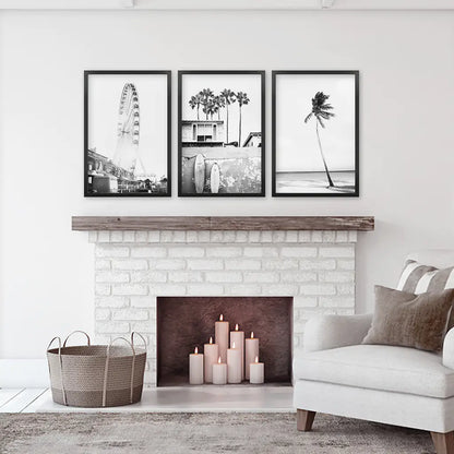 Black White Coastal Wall Art Set of 3. Ferris Wheel, Palm