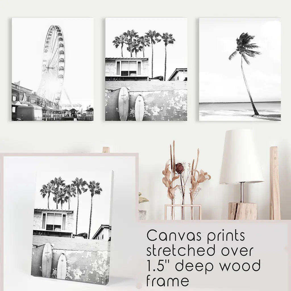 Black White Coastal Wall Art Set of 3. Ferris Wheel, Palm
