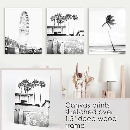 Black White Coastal Wall Art Set of 3. Ferris Wheel, Palm