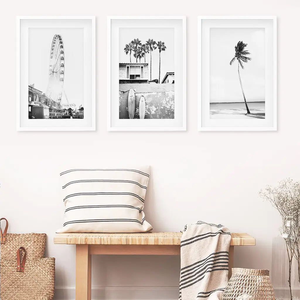 Black White Coastal Wall Art Set of 3. Ferris Wheel, Palm