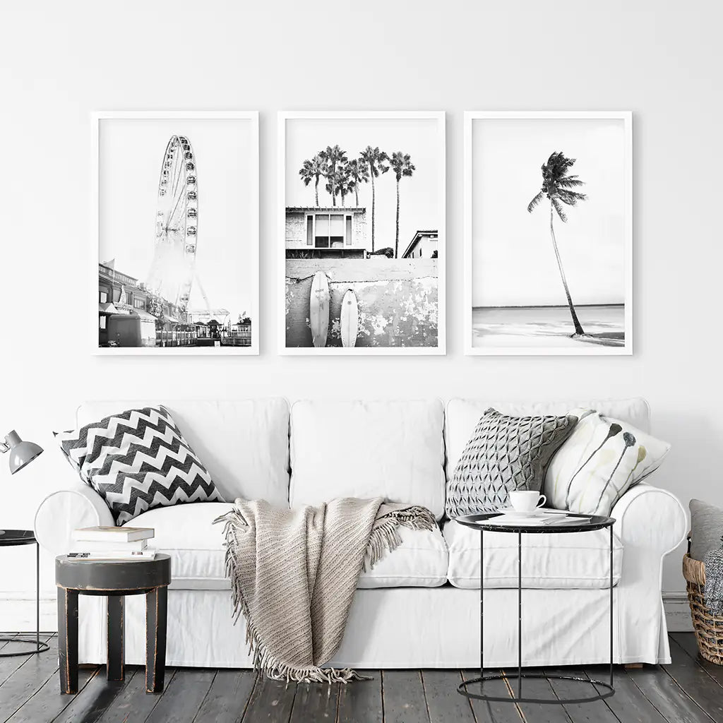 Black White Coastal Wall Art Set of 3. Ferris Wheel, Palm