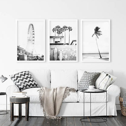 Black White Coastal Wall Art Set of 3. Ferris Wheel, Palm