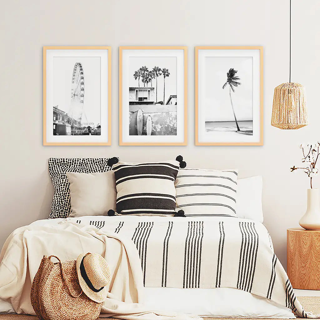 Black White Coastal Wall Art Set of 3. Ferris Wheel, Palm
