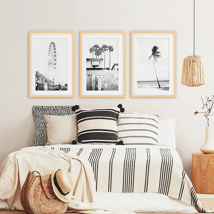 Black White Coastal Wall Art Set of 3. Ferris Wheel, Palm