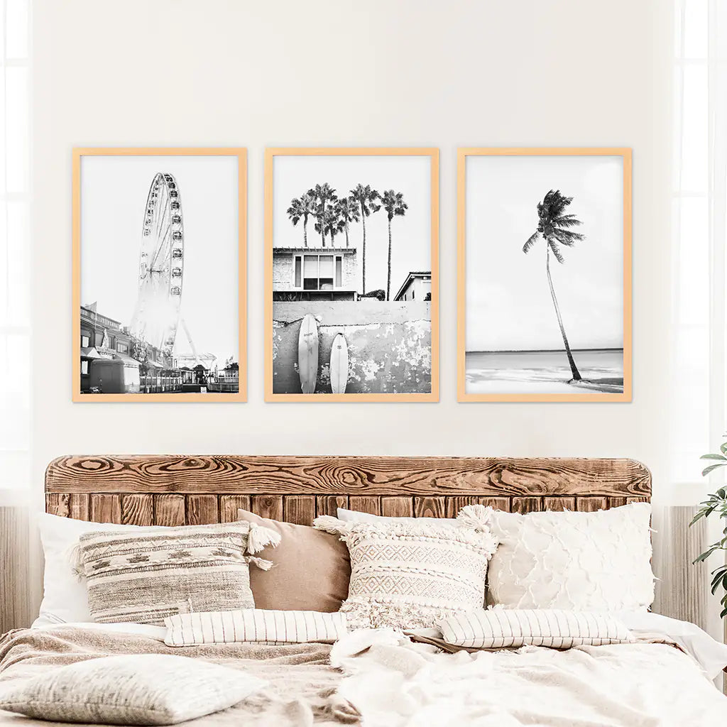 Black White Coastal Wall Art Set of 3. Ferris Wheel, Palm