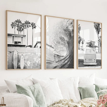 Black and white surf wall art set of 3, surf van, ocean wave, and surfboards