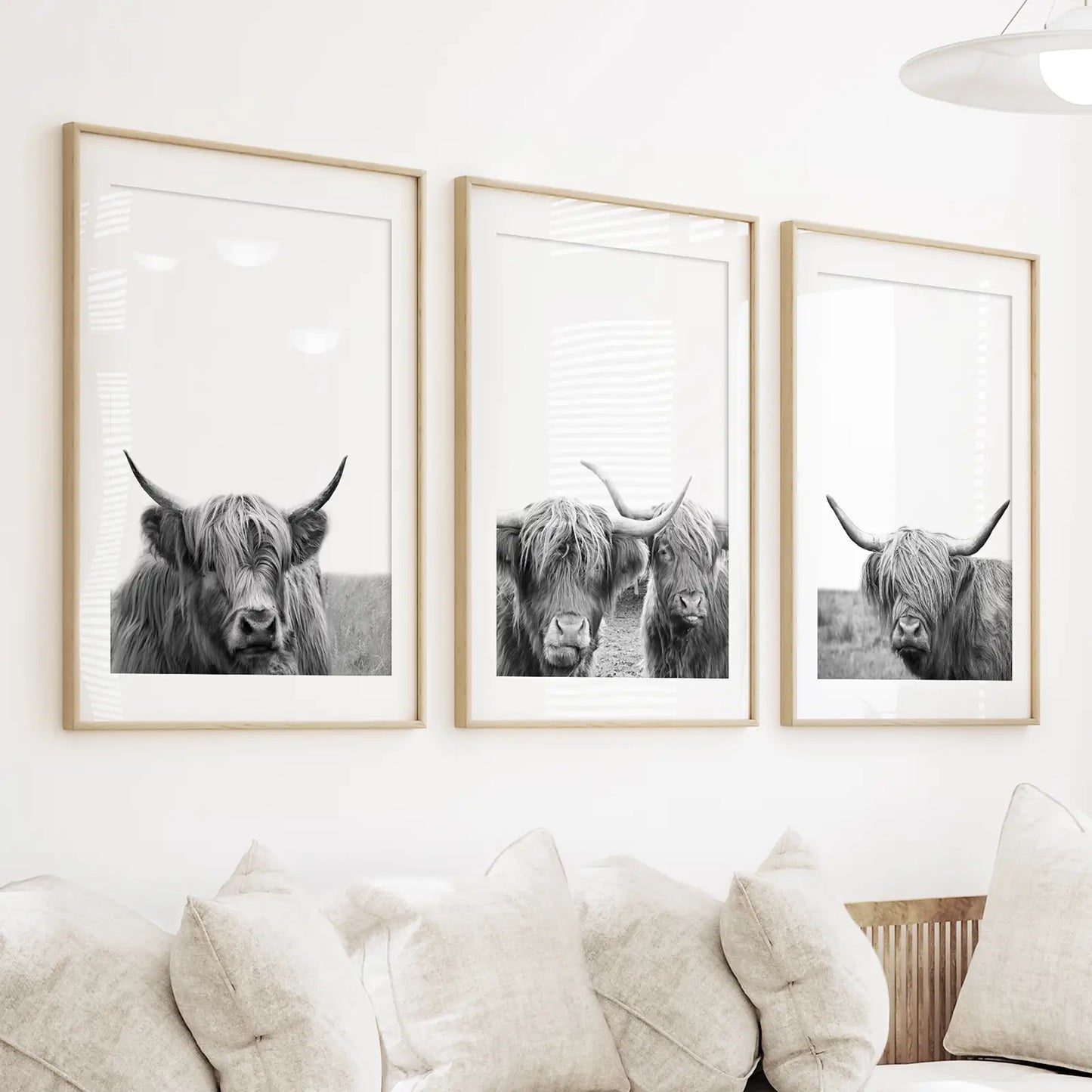 Black White Highland Cow Wall Art Set of 3 Prints