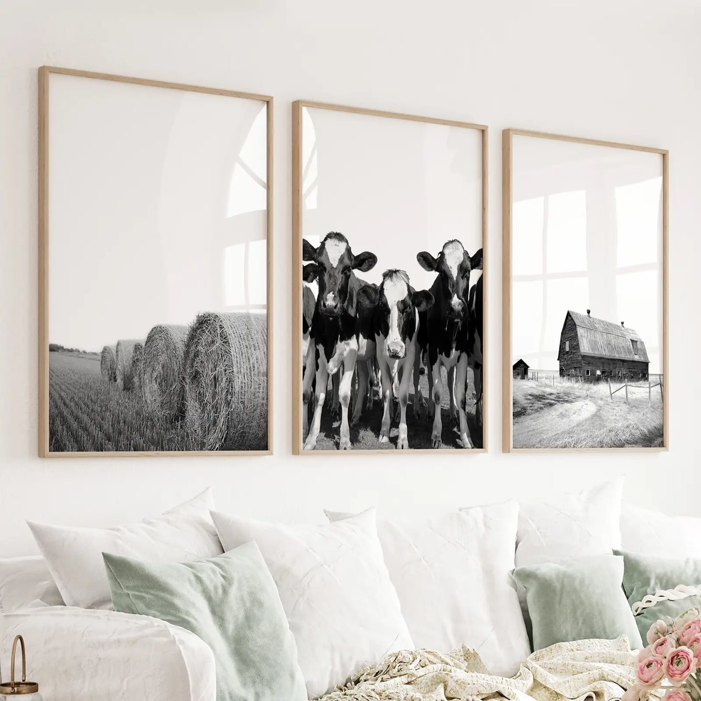 Set of 3 black and white farm prints with a cow, hay bale, and barn