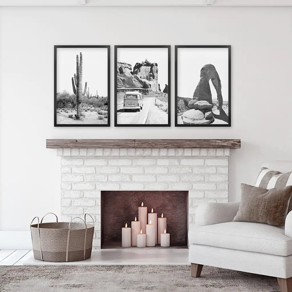 Black White Desert Wall Art Set of 3. Cactus, Arches, Bus