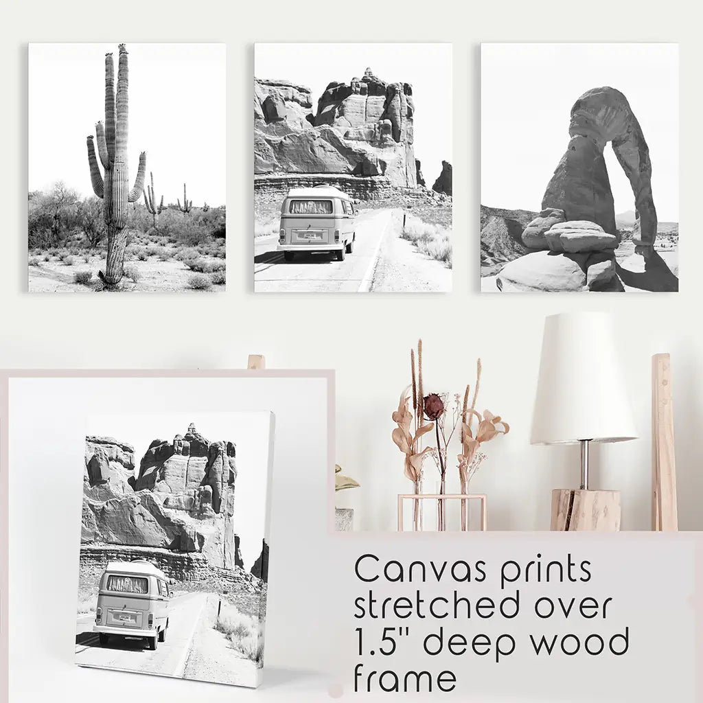 Black White Desert Wall Art Set of 3. Cactus, Arches, Bus