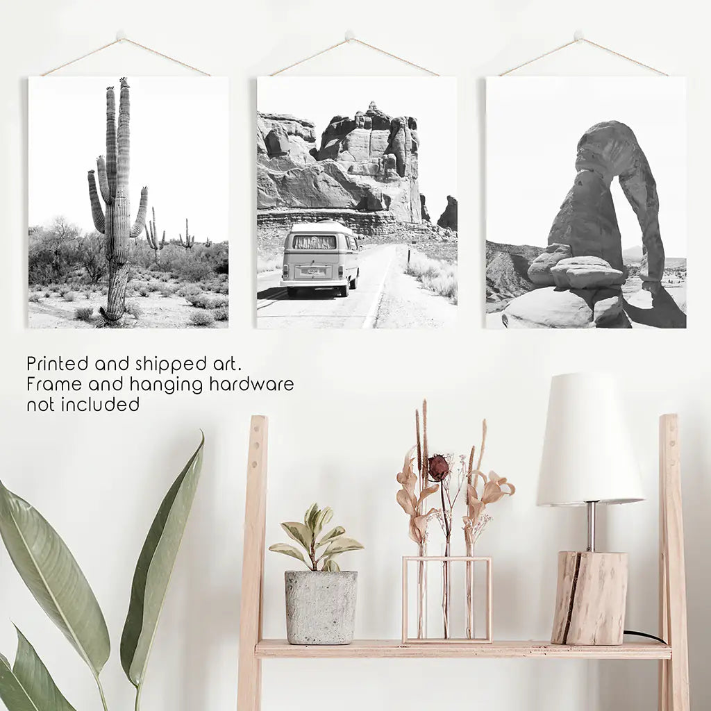 Black White Desert Wall Art Set of 3. Cactus, Arches, Bus