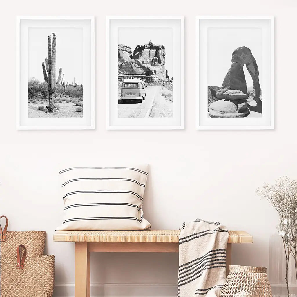 Black White Desert Wall Art Set of 3. Cactus, Arches, Bus