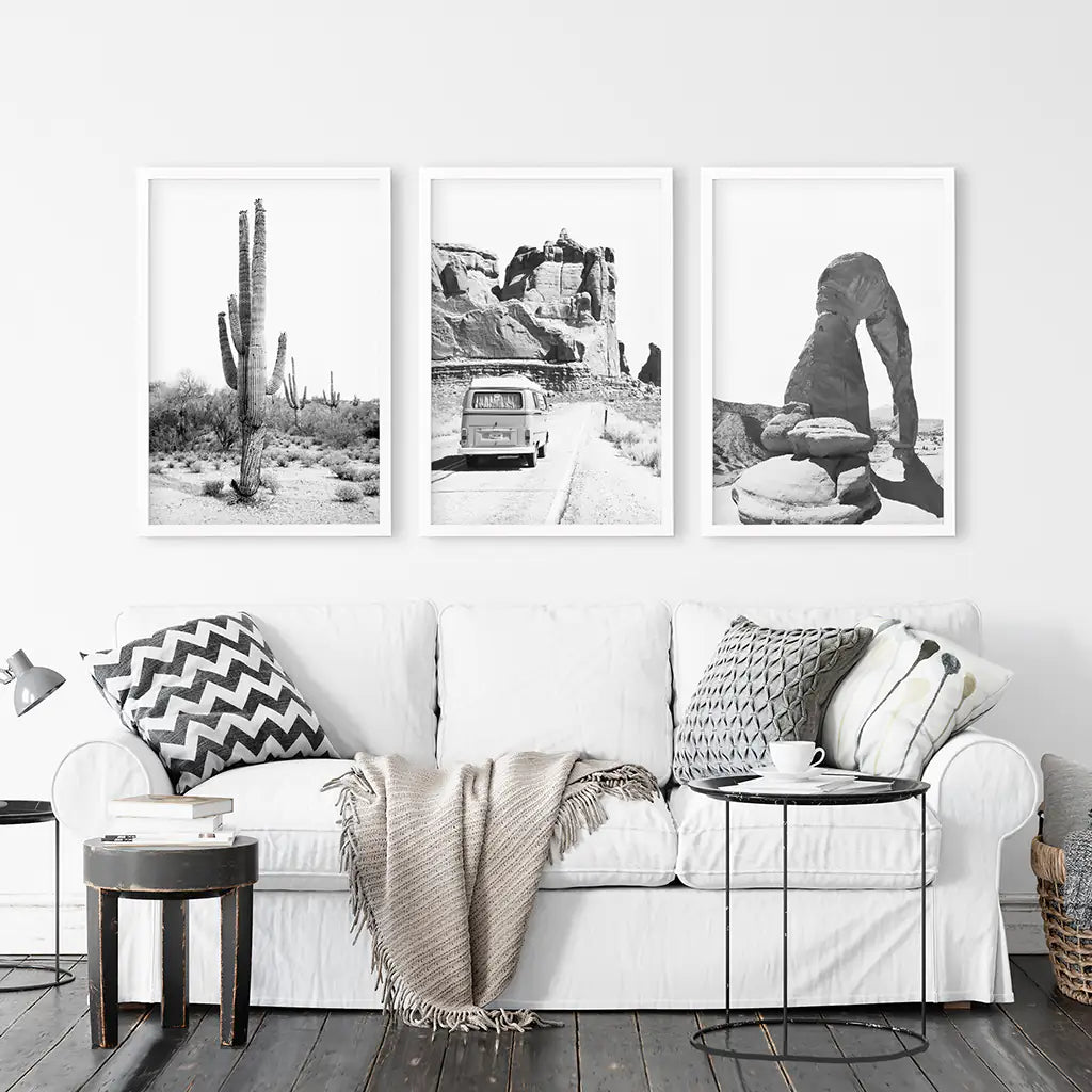 Black White Desert Wall Art Set of 3. Cactus, Arches, Bus