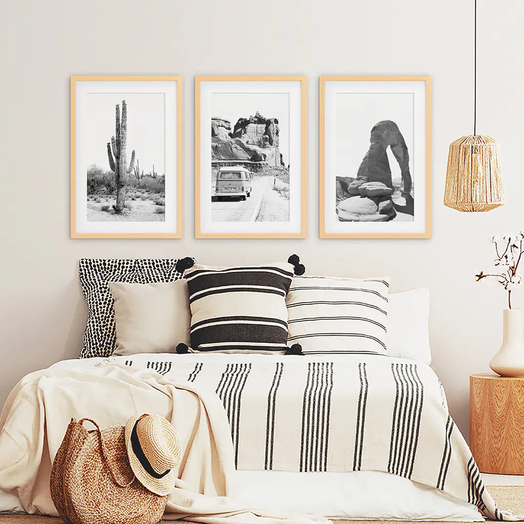 Black White Desert Wall Art Set of 3. Cactus, Arches, Bus
