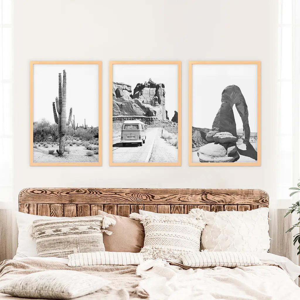 Black White Desert Wall Art Set of 3. Cactus, Arches, Bus