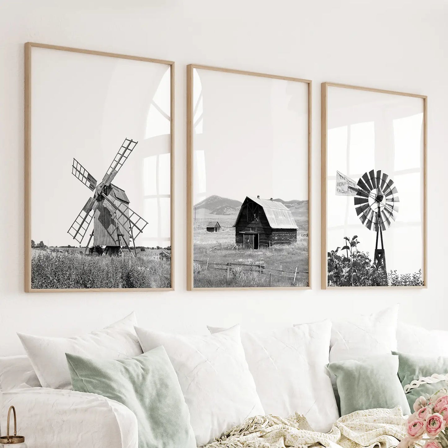 Set of 3 black and white farmhouse wall art prints with windmill barn and weather vane