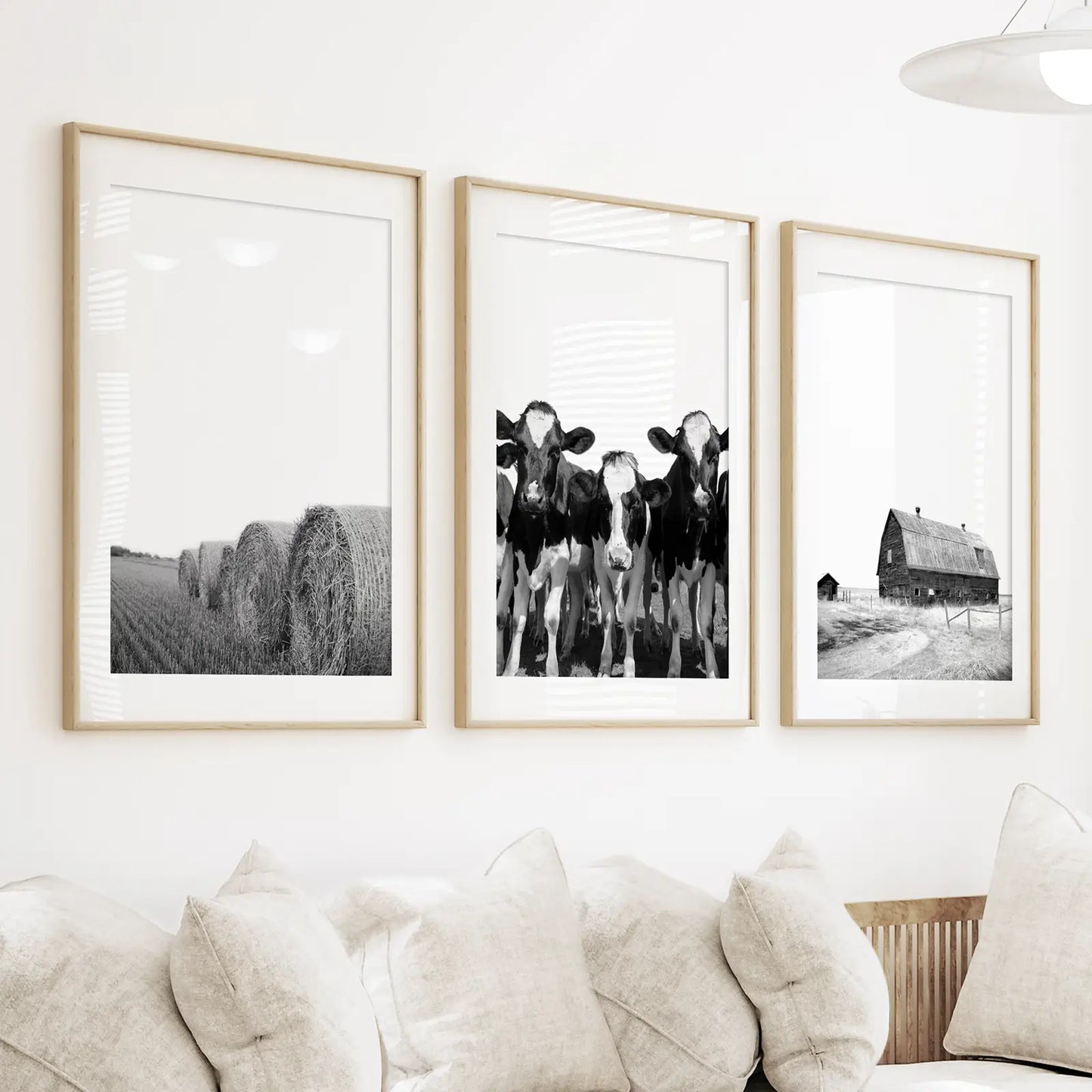 Black White Farm Wall Art Set of 3. Cow, Hay Bale, Barn