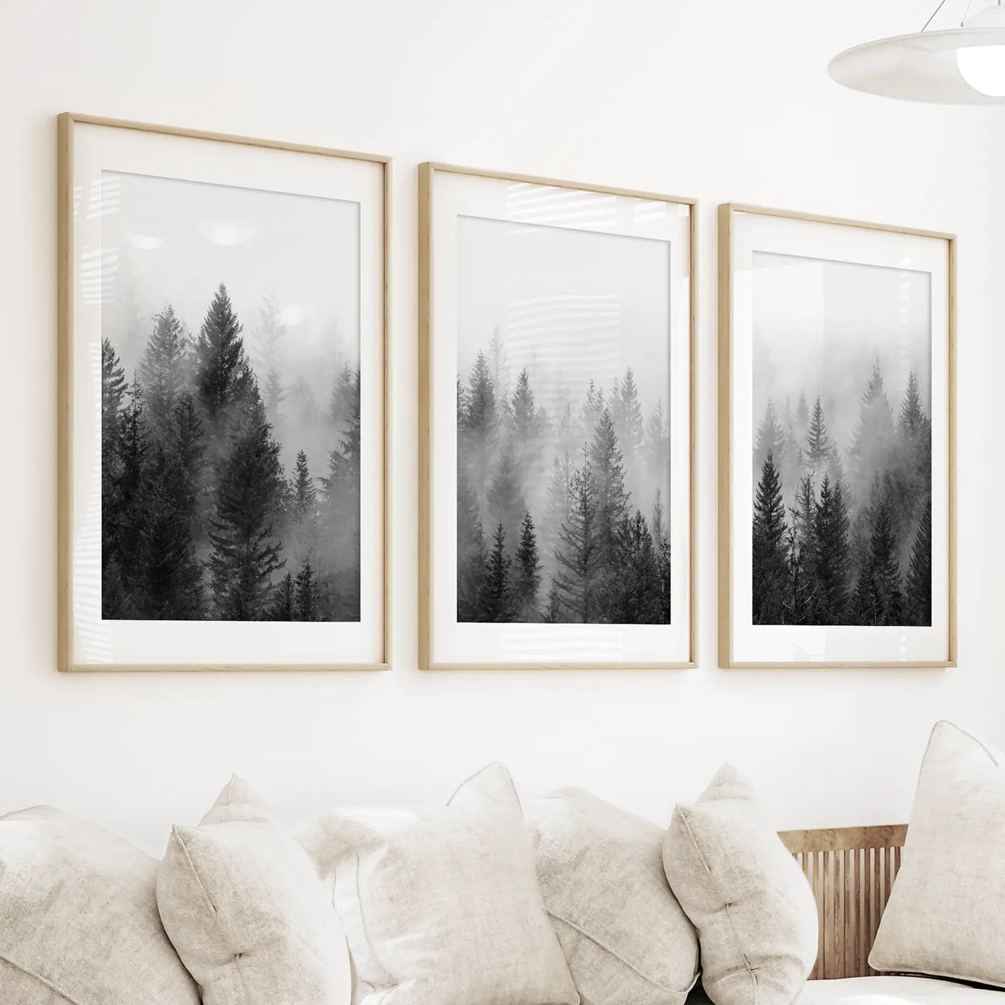 Misty Pine Forest Wall Art Set of 3. Black White Trees