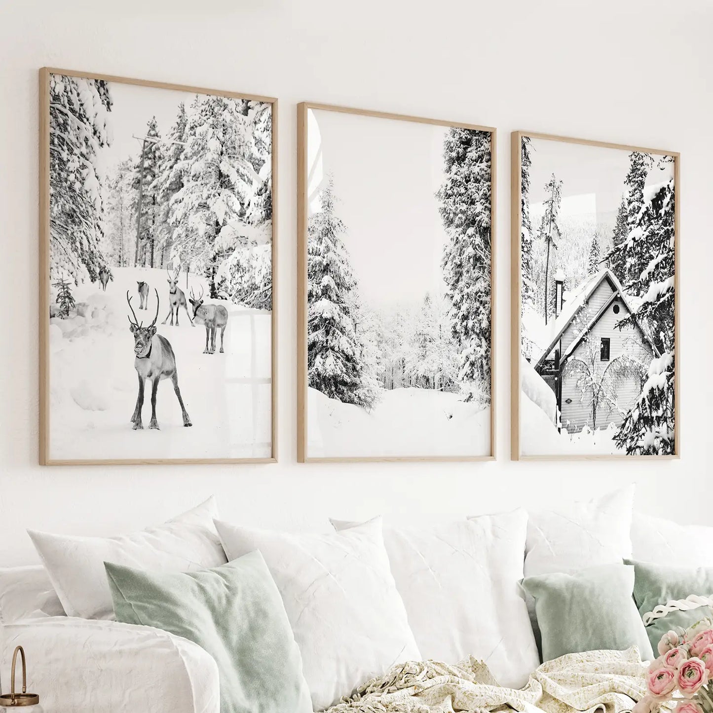 Set of 3 black and white winter woodland wall art prints with reindeer and cabin