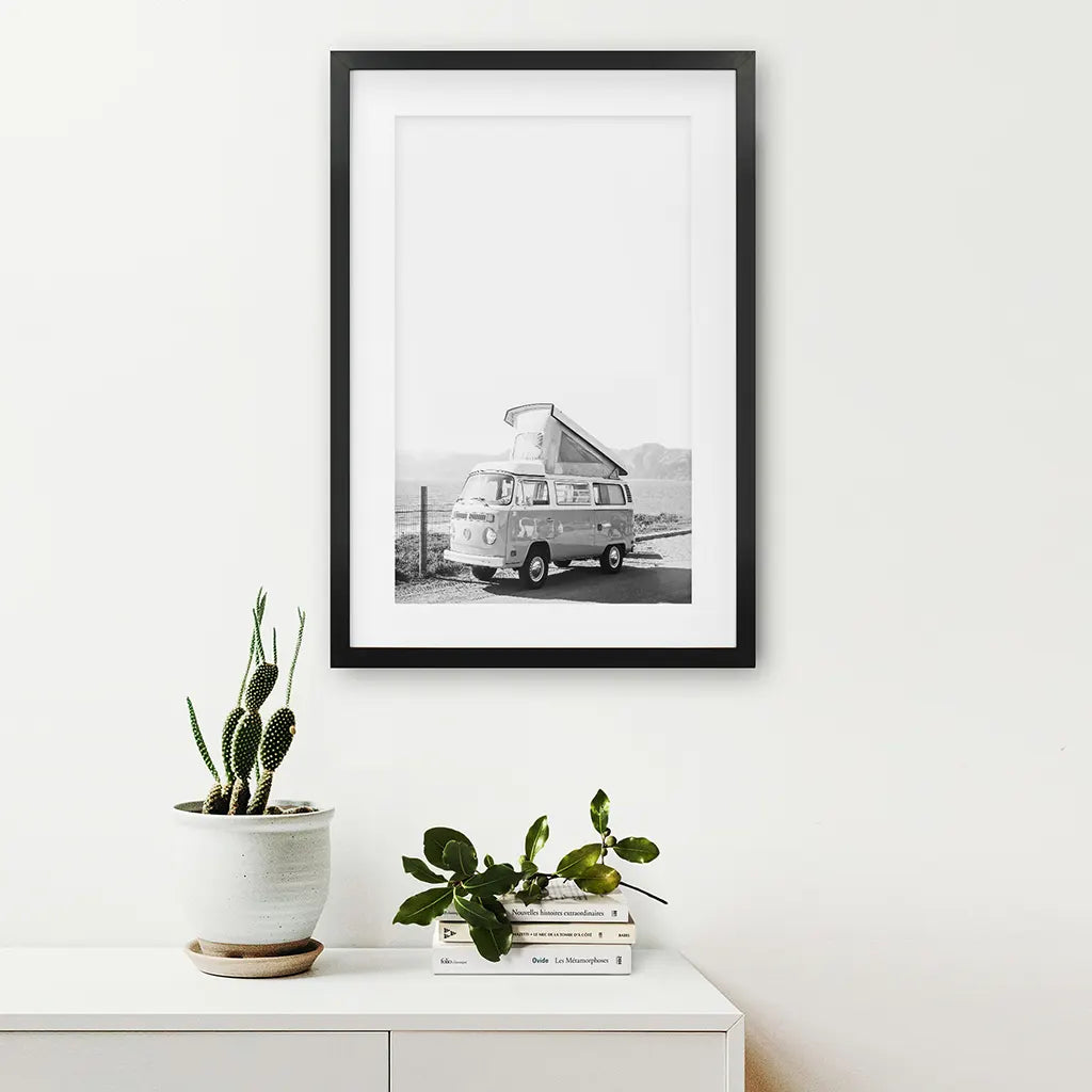 Black and White Hipster Van Poster - Desert Travel Art