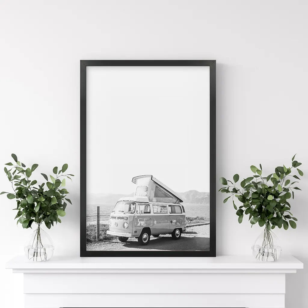 Black and White Hipster Van Poster - Desert Travel Art