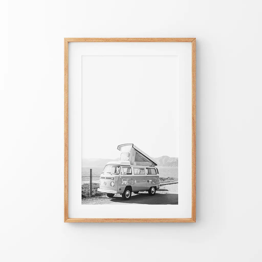 Black and White Hipster Van Poster - Desert Travel Art