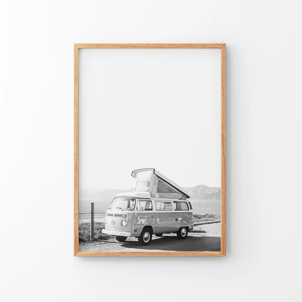 Black and white hipster van desert travel wall art poster