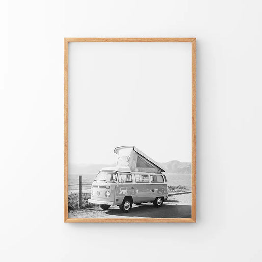 Black and white hipster van desert travel wall art poster
