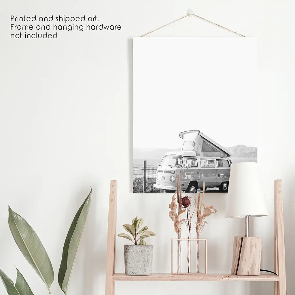 Black and White Hipster Van Poster - Desert Travel Art