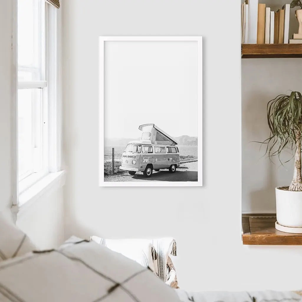 Black and White Hipster Van Poster - Desert Travel Art