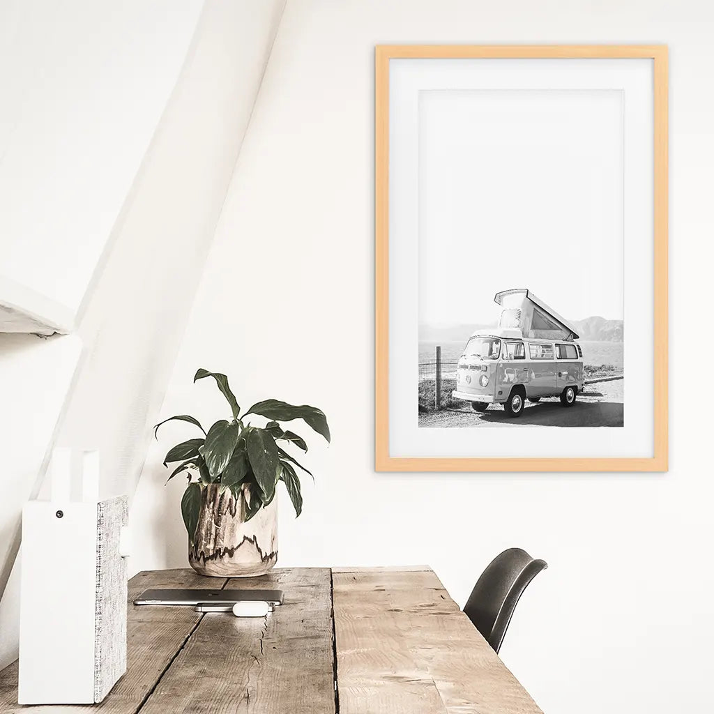 Black and White Hipster Van Poster - Desert Travel Art
