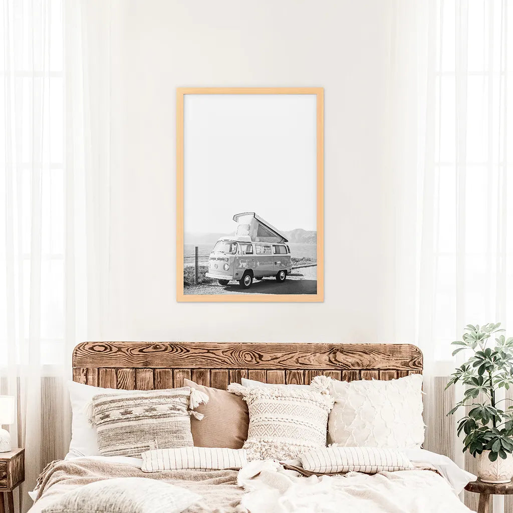 Black and White Hipster Van Poster - Desert Travel Art