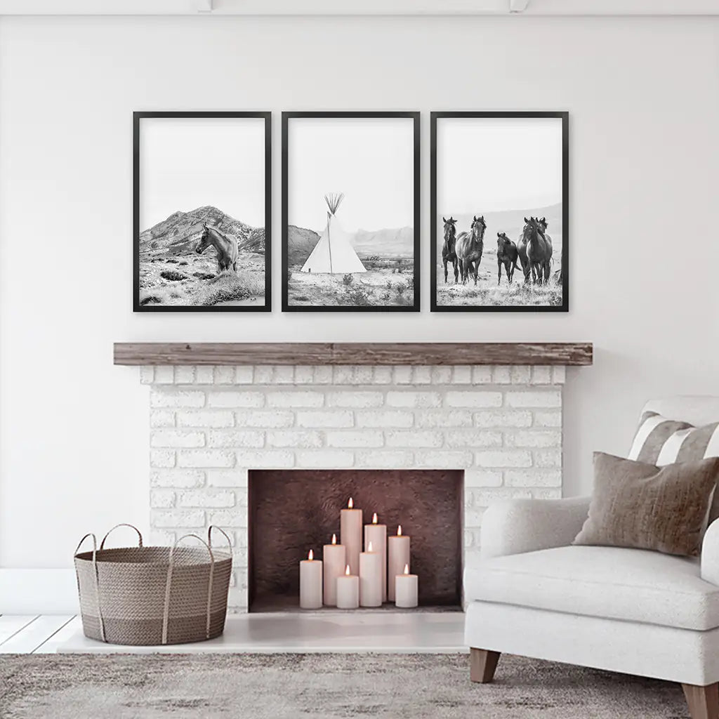 Western Wall Art Set of 3. Desert, Wild Horses, Tepee