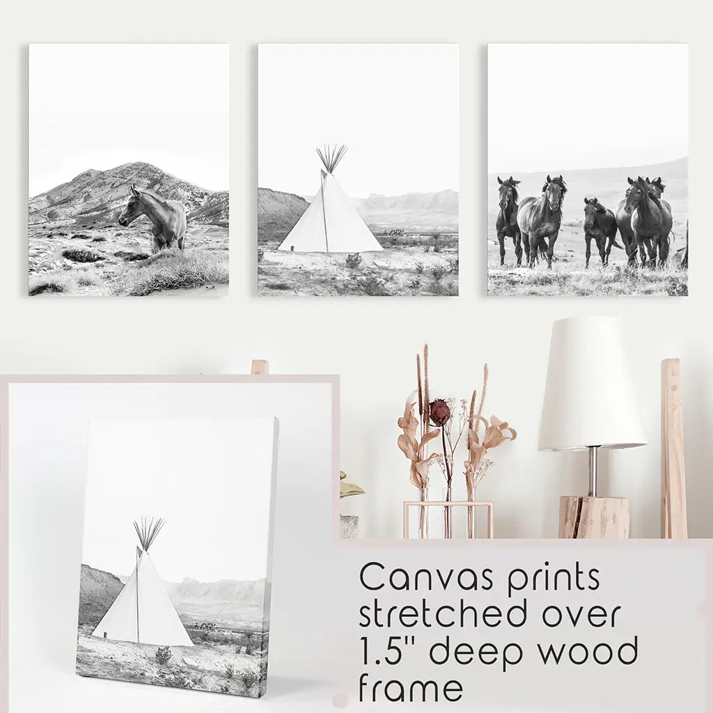 Western Wall Art Set of 3. Desert, Wild Horses, Tepee